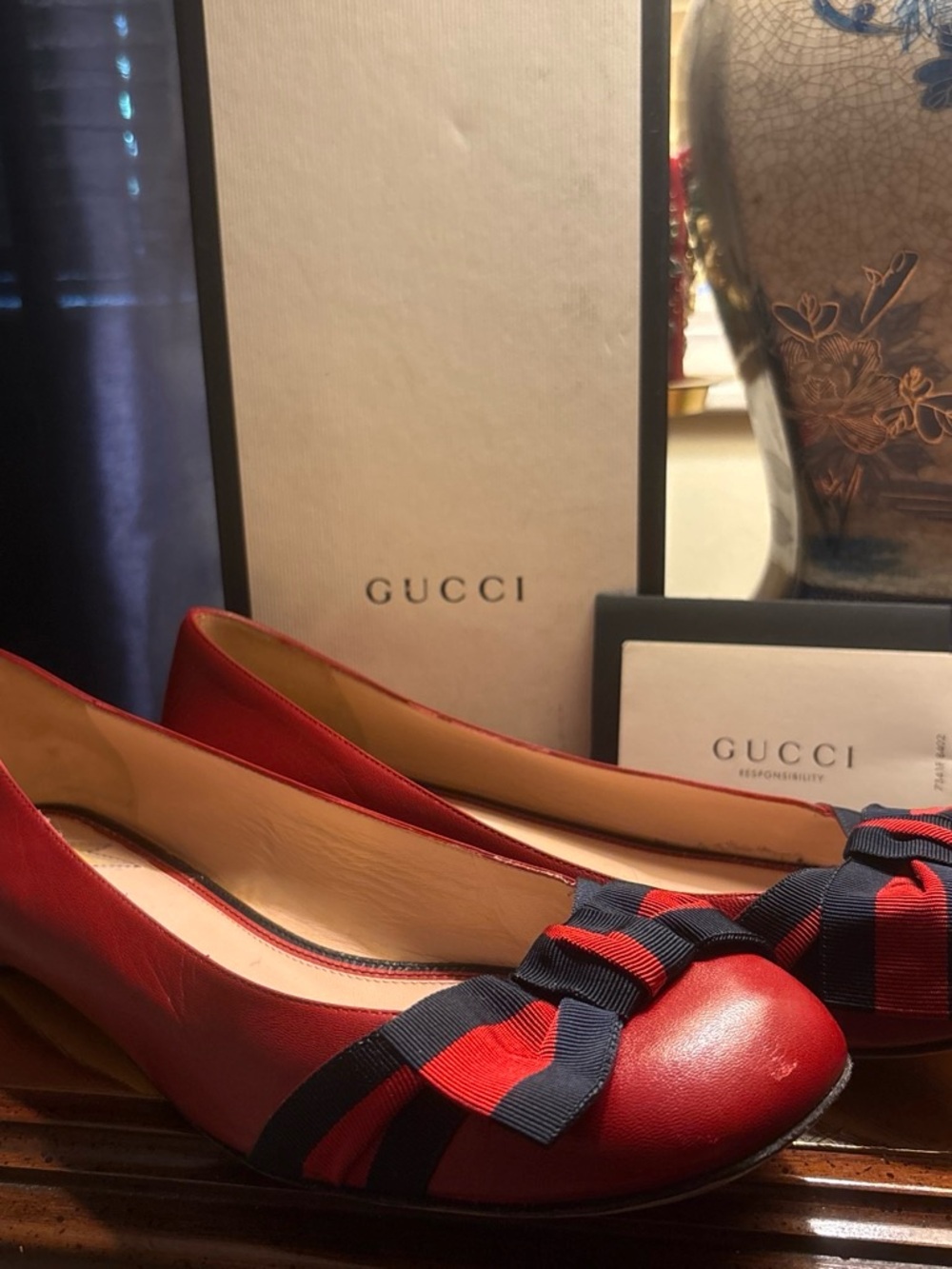 Gucci Red Leather Ballet Flats with Navy & Red Ribbon Bow